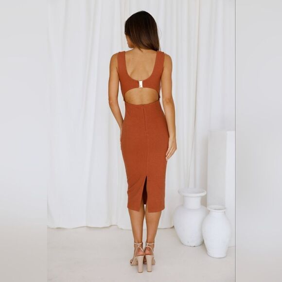 Hello Molly 6 Brown Midi Dress NWT Bodycon Coquette Girl Coastal Cowgirl Chic - Picture 7 of 11